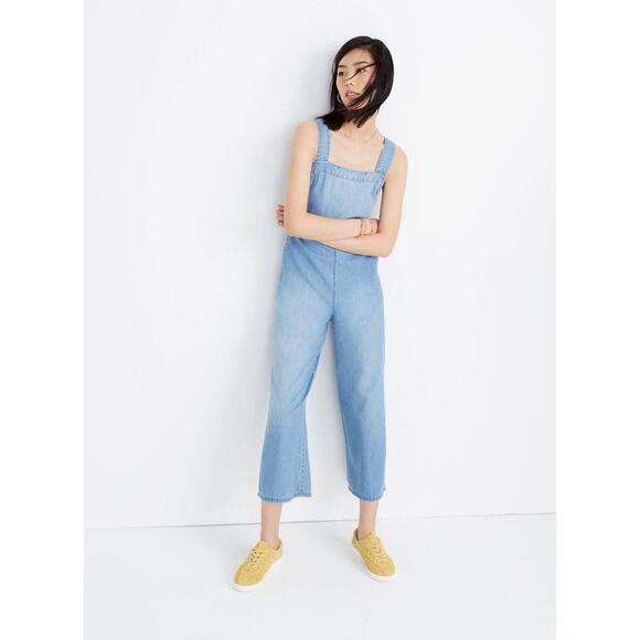 Madewell Denim Apron Bow-Back Lightweight‎ Cropped Jumpsuit Size 0 - Picture 1 of 10